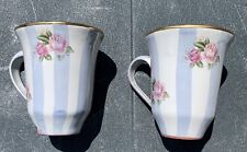 Lot of 2 Mackenzie Childs Blue Stripe Coffee Cup Mug Rose Petal Gold Rimmed 1995 picture
