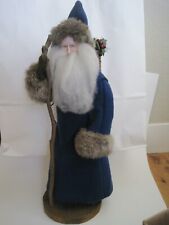 Blue Santa W/ Walking Stick Wood Base Wool Fur Byers ? Stick Basket 21