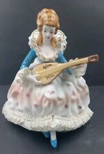 VINTAGE DRESDEN PORCELAIN SEATED WOMAN IN DRESS W/LACE  PLAYING THE MANDOLIN picture