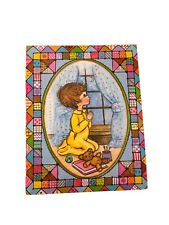 Vintage Greeting Card Get Well Boy Praying Patchwork Wall Art Decor Nursery 4x6 picture