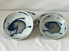 Vintage Koi Fish Shallow Bowl 6.25” and 7” Blue White Porcelain Hand Painted 8PC picture