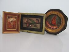 MCM Trio Original Framed Oil Paintings Mushroom Butterfly Miniature Grouping picture