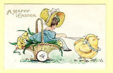Vintage Embossed Happy Easter Girl In Cart Pulled By Two Chicks 1910's Postcard picture