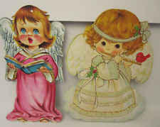 Vtg Mid Century Modern Pair of GIrl Child Angels Singing Wall Hanging Cardboard picture