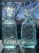 Vintage Mephistopheles Devil Vase Iridescent Imperial Sky Blue Glass Ruffled Rim picture