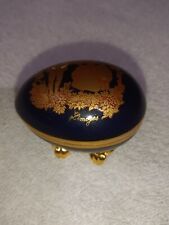 Limoges Porcelaine Castel France Egg Trinket Box 22kt Gold And Blue W/Gold Stand picture