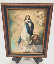 Vtg Religious Wood Frame Glass Covered VIRGIN MARY Immaculate Conception Print picture