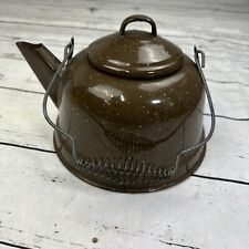 Vintage BROWN SPECKLED ENAMEL TEA KETTLE ~ Wire Spring Handle~ 96 ounce picture