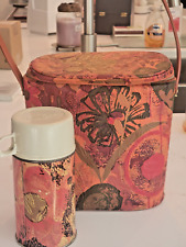 Retro VTG Vinyl Lunch Box Bag Glass Thermos Hippie Bright Orange Flowers 1/2 Pt picture