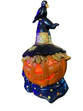 Vintage Lighted Halloween Ceramic Scarecrow Pumpkin w/Black Crow Witch Hat picture