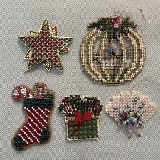 Set Of 5 Completed/ Finished Counted Cross Stitch Beaded Christmas Ornaments picture