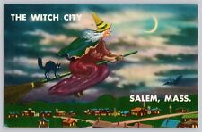 The Witch City Salem, Mass Postcard Witch Broom Cat Moon Aerial View 1950s picture