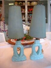 PAIR; Vintage Mid Century Modern Turquoise Table Lamps Original Fiberglass Shade picture