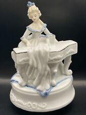 Porcelain Figurine German Lady Playing Piano White Blue Gold Victorian VTG picture