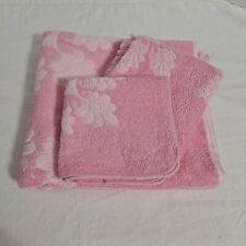 Vintage Cannon Bathroom Hand Towel Washcloth Sculpted Pink Roses Fringe 70s 60s picture
