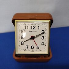 Vintage Ingraham Travel ALARM Clock Gold Tone Edge Brown Case Mechanical Wind picture