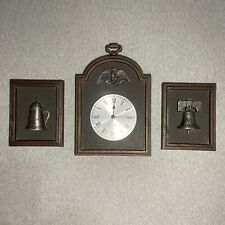 Vintage 70s Seth Thomas Colonial Clock Liberty Bell Silver Stein Plaque Set Of 3 picture