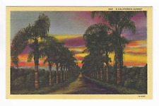 Vintage Postcard A California Sunset Palm Trees Beach LInen UNP picture