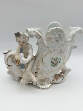 Vintage Porcelain Naked Cherub Sitting On Vase 40’s Style Headband Playing Horn picture