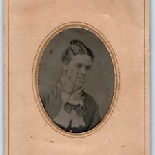 c1860s Lovely Young Lady Paper Framed Tintype Photo Gilt Border Woman Cute H8 picture