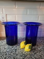 VINTAGE HURRICANE HAND BLOWN COBALT BLUE MEXICO GLASS CANDLE HOLDERS SET OF 2 picture