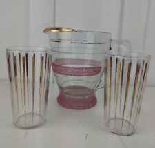 Vintage Mid Century Pink and Gold Glass Water Pitcher w 2 Gold Striped Glasses picture