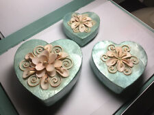 3 Blue Heart Capiz Shell Boxes With Seashell Flower Lids picture