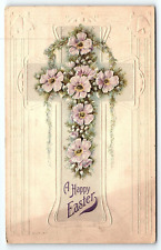 c1910 EASTER A HAPPY EASTER FLOWER DRAPED CROSS EMBOSSED POSTCARD P2490 picture