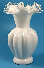 Fenton Hand Made White Milk Glass Melon Shaped Crimped Silver Crest Vase picture