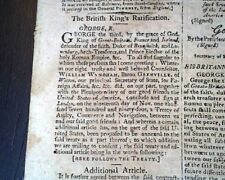 JAY'S TREATY President George Washington & UK King Ratification 1796 Newspaper picture