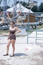 1950s Red Border Kodachrome Slide Woman in Swimsuit at Fair Ferris Wheel picture