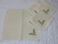 Four Vintage Cocktail Napkins, Cotton, Flower Embroidery, Antique White, Green picture