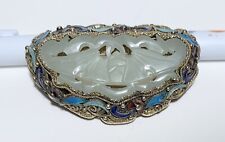 Antique CHINESE CARVED Pale Celadon WHITE JADE BAT SILVER FILIGREE ENAMELED PIN picture