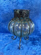 Vintage Wrought Iron Blown Aqua Glass Urn/Planter 9.25 x 6.5 x 6.5
