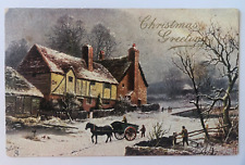 Christmas Greetings, Tuck & Sons 1907 Postcard, House Horse & Cart, Winter Scene picture