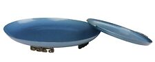 Tray & Bowl Kyes Hand Made Round Metal Tray Blue Moire Glaze Vintage 1960s MCM picture