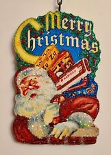 SANTA CLAUS w NABISCO COOKIE BOXES  * Glitter MERRY CHRISTMAS ORNAMENT * Vtg Img picture