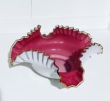 Antique Davidson England White Cased Amber Crested Cranberry Glass Ruffled Bowl picture