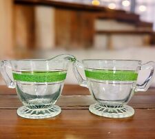 Vintage MCM anchor hocking cream and sugar set Glass Green Gold Stripe picture