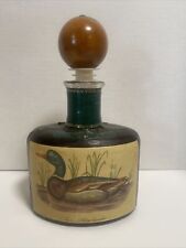 Vintage Leather Wrapped Glass Decanter Bottle Mallard Duck Wood Stopper Italy picture