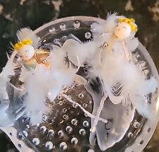 Antique Christmas Ornaments Pair 2  Feather Angels Cotton Batting Heads RARE 3