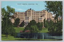 Milwaukee WI County Hospital Trees, and Pond Kropp Linen Postcard picture