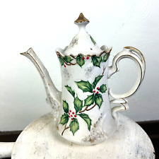 Vintage Lefton China Hand Painted Holly Teapot Tall w Lid & Handle White Green picture