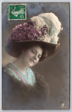 Vintage French Tinted Postcard C1910 Wonderful Large Hat With Roses And Plumes picture