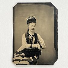 Antique Tintype Photograph Fashionable Mature Woman Fabulous Dress & Hat picture