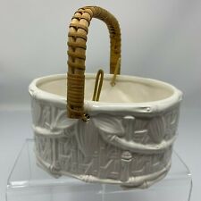 Planter Ceramic Basket Bamboo Design Wicker Handle Vintage Japan White Catchall picture
