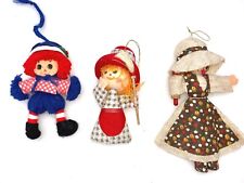 3 VTG c 1970s fabric doll Christmas ornaments including Raggedy Andy Xmas kitsch picture