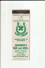SHANNON'S BAR & GRILL 2505 TERHUNE AVE VINTAGE MATCHBOOK COVER picture