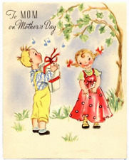 Vtg Mothers Day Card Kids Boy Girl Singing Gee You're Nicest Mom Ever Used 1940s picture