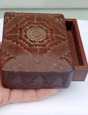 Vintage Carved Wood Trinket Jewlery Box Asian Floral Star Textured Pull Drawer picture